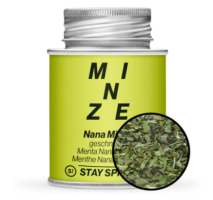 Nana Minze geschnitten 3-5mm - Hellgrüne Gewürzdose mit kleiner runder Gewürz-Vorschau von STAY SPICED ! bei Chefkoch-Gewürze