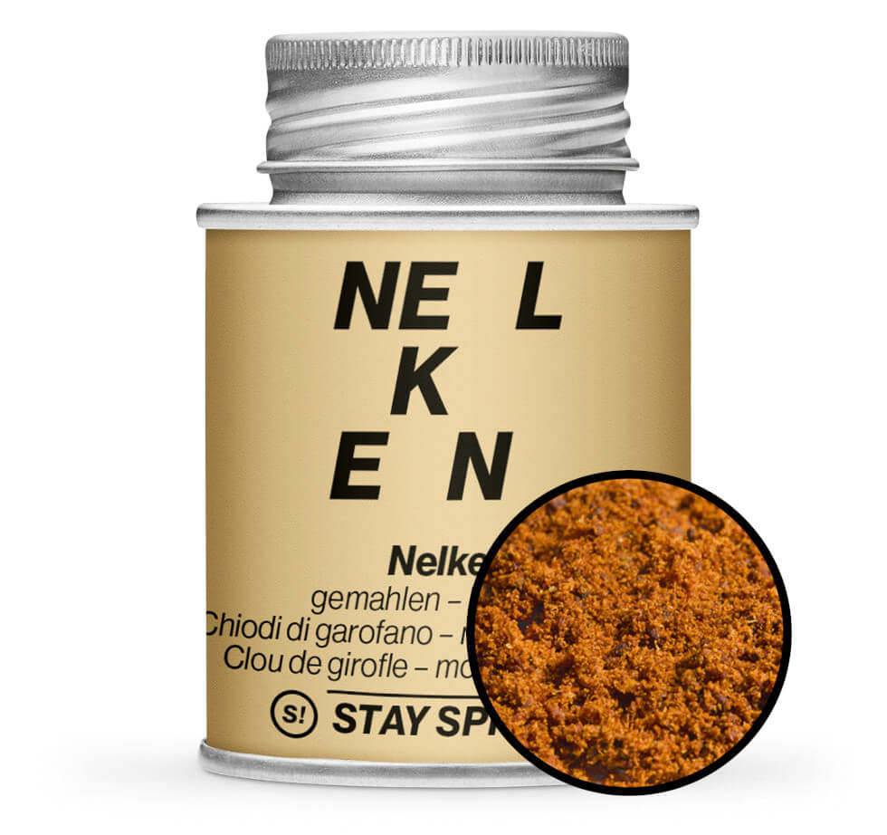 Nelken gemahlen - Detaillierte Nahaufnahme der Dose von STAY SPICED! bei Chefkoch-Gewürze