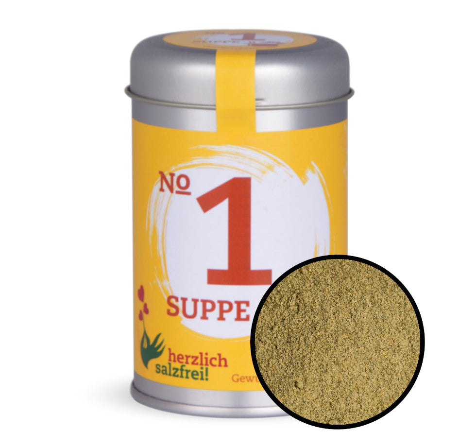 Nr. 1 Suppe herzlich salzfrei - Gelbe Gewürzdose mit kleiner runder Gewürz-Vorschau von Chefkoch-Gewürze