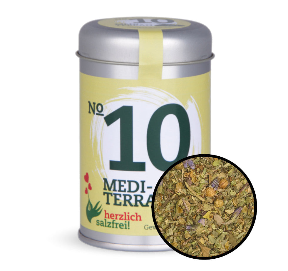 Nr. 10 Mediterran herzlich salzfrei - Hellgrüne Gewürzdose mit kleiner runder Gewürz-Vorschau von Chefkoch-Gewürze