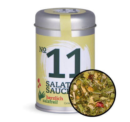 Nr. 11 Salatsauce herzlich salzfrei - Hellgrüne Gewürzdose mit kleiner runder Gewürz-Vorschau von Chefkoch-Gewürze