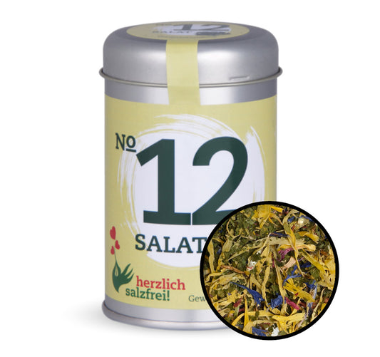 Nr. 12 Salat herzlich salzfrei - Hellgrüne Gewürzdose mit kleiner runder Gewürz-Vorschau von Chefkoch-Gewürze