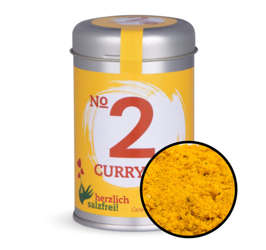 Nr. 2 Curry herzlich salzfrei - Gelbe Gewürzdose mit kleiner runder Gewürz-Vorschau von Chefkoch-Gewürze