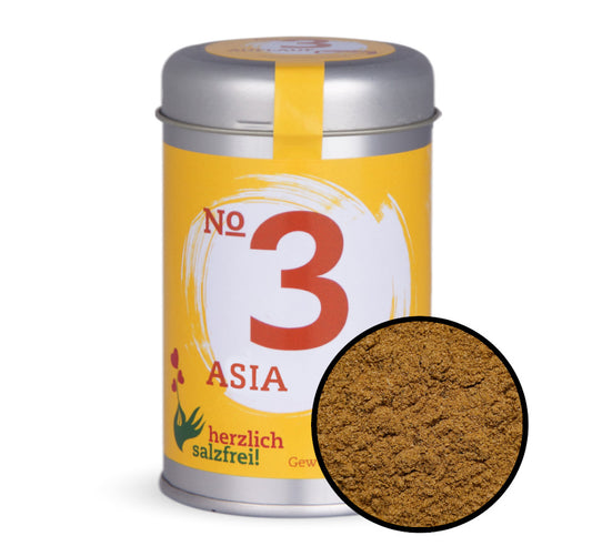 Nr. 3 Asia herzlich salzfrei - Gelb-orange Gewürzdose mit kleiner runder Gewürz-Vorschau von Chefkoch-Gewürze