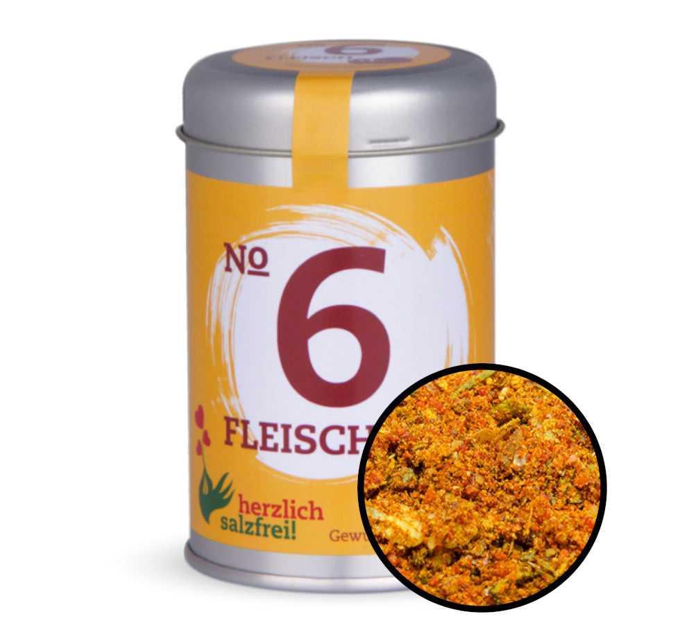Nr. 6 Fleisch herzlich salzfrei - Orange Gewürzdose mit kleiner runder Gewürz-Vorschau von Chefkoch-Gewürze
