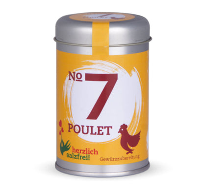 Nr. 7 Poulet herzlich salzfrei - Geschlossene gelb-orange Gewürzdose von Chefkoch-Gewürze
