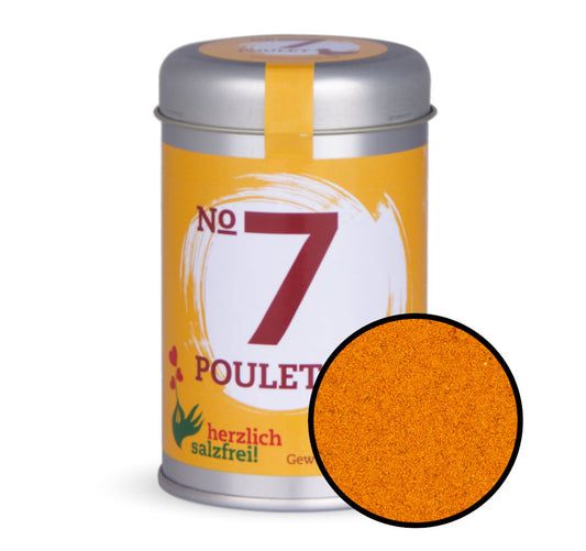 Nr. 7 Poulet herzlich salzfrei - Gelb-orange Gewürzdose mit kleiner runder Gewürz-Vorschau von Chefkoch-Gewürze