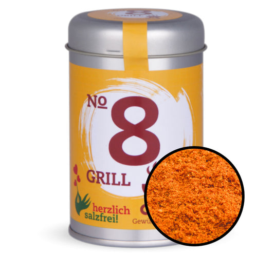 Nr. 8 Grill herzlich salzfrei - Orange Gewürzdose mit kleiner runder Gewürz-Vorschau von Chefkoch-Gewürze