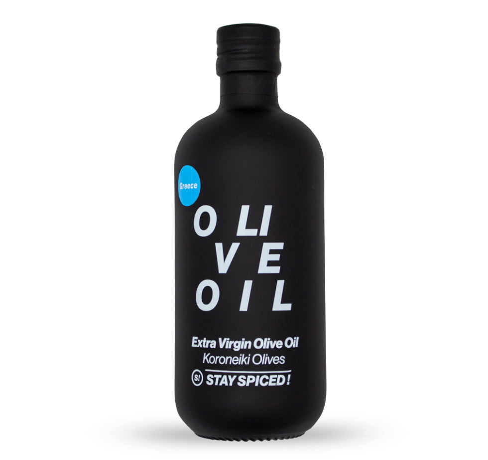 Schwarze 500ml Flasche STAY SPICED ! Extra Natives Olivenöl aus Koroneiki Oliven