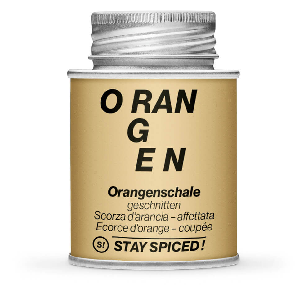 Orangenschalen geschnitten - Hellbraune Gewürzdose von STAY SPICED! bei Chefkoch-Gewürze.