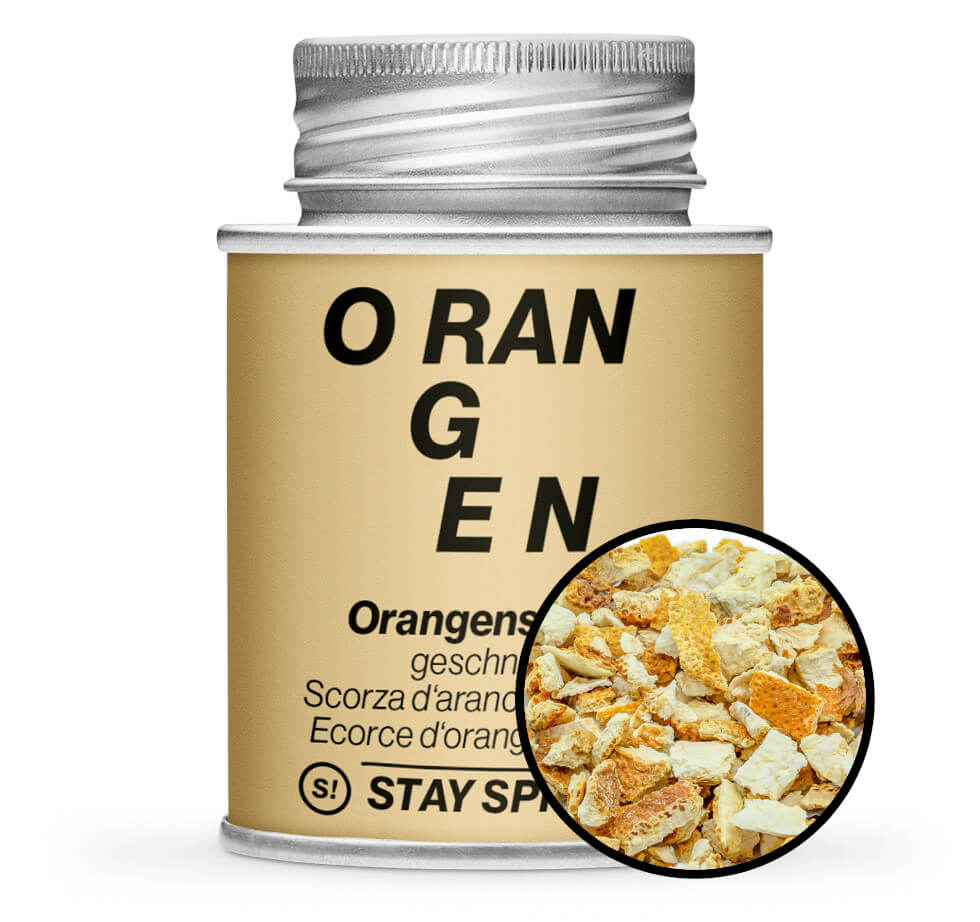 Orangenschalen geschnitten - Detaillierte Nahaufnahme der Verpackung von STAY SPICED! bei Chefkoch-Gewürze