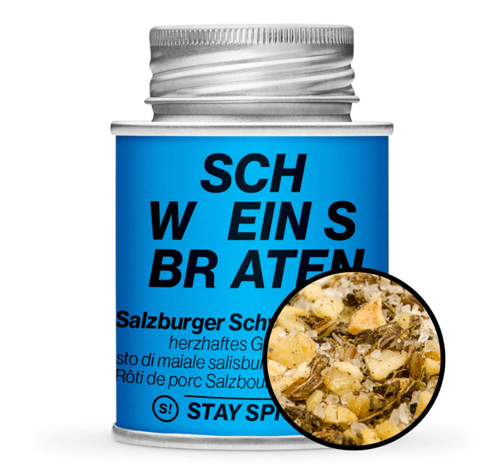 Original Salzburger Schweinsbraten - Blaue Gewürzdose mit kleiner runder Gewürz-Vorschau von STAY SPICED ! bei Chefkoch-Gewürze