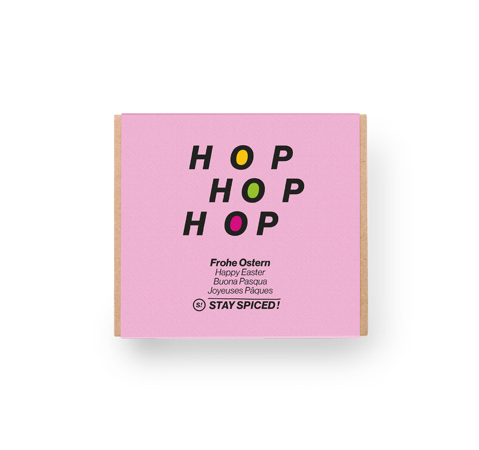 Geschenkset Ostern - Geschlossene pinke Box mit Hop Hop Hop Aufdruck zum Selbstbestücken von STAY SPICED
