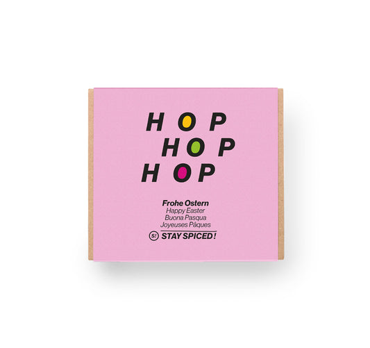 Geschenkset Ostern - Geschlossene pinke Box mit Hop Hop Hop Aufdruck zum Selbstbestücken von STAY SPICED