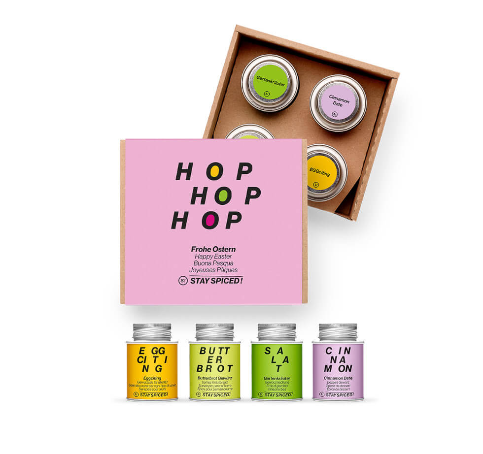 Ostern Geschenkbox mit 4 Gewürzen - Offene Kartonage mit den Gewürzdosen von STAY SPICED ! bei Chefkoch-Gewürze
