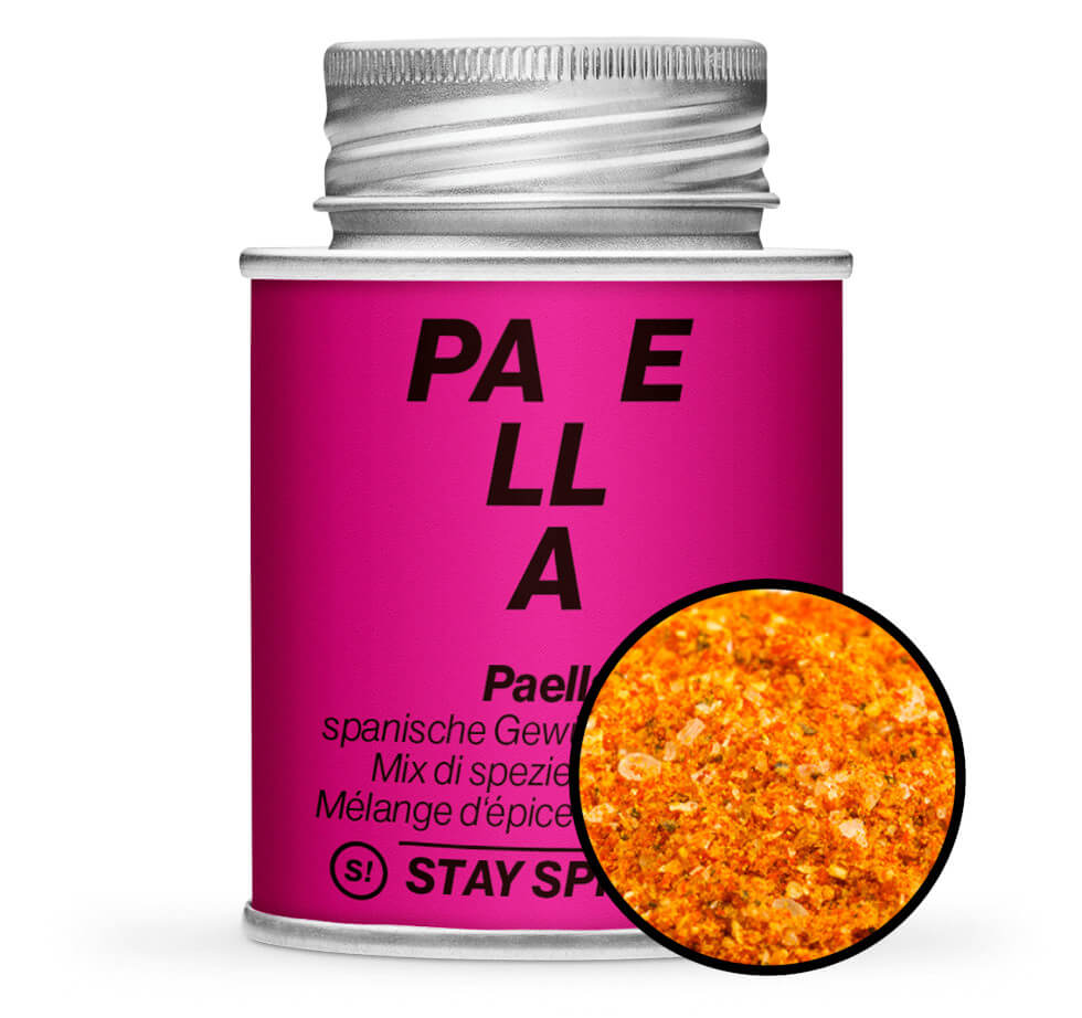 Paella Gewürzzubereitung - Pinke Gewürzdose mit kleiner runder Gewürz-Vorschau von STAY SPICED! bei Chefkoch-Gewürze