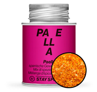 Paella Gewürzzubereitung - Pinke Gewürzdose mit kleiner runder Gewürz-Vorschau von STAY SPICED! bei Chefkoch-Gewürze