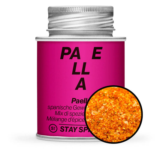 Paella Gewürzzubereitung - Pinke Gewürzdose mit kleiner runder Gewürz-Vorschau von STAY SPICED! bei Chefkoch-Gewürze