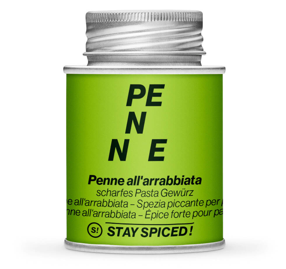 Penne all Arrabbiata - Geschlossene grüne Gewürzdose von STAY SPICED!