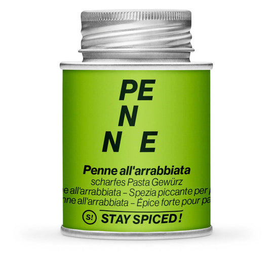 Penne all Arrabbiata - Geschlossene grüne Gewürzdose von STAY SPICED!