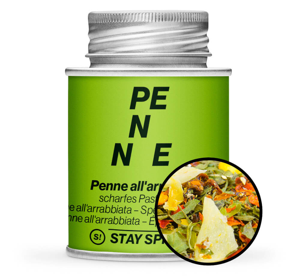 Penne all Arrabbiata - Grüne Gewürzdose mit kleiner runder Gewürz-Vorschau von STAY SPICED! bei Chefkoch-Gewürze