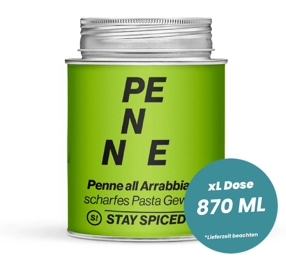 Penne all Arrabbiata in der grossen XL-Dose (870ml) von STAY SPICED!