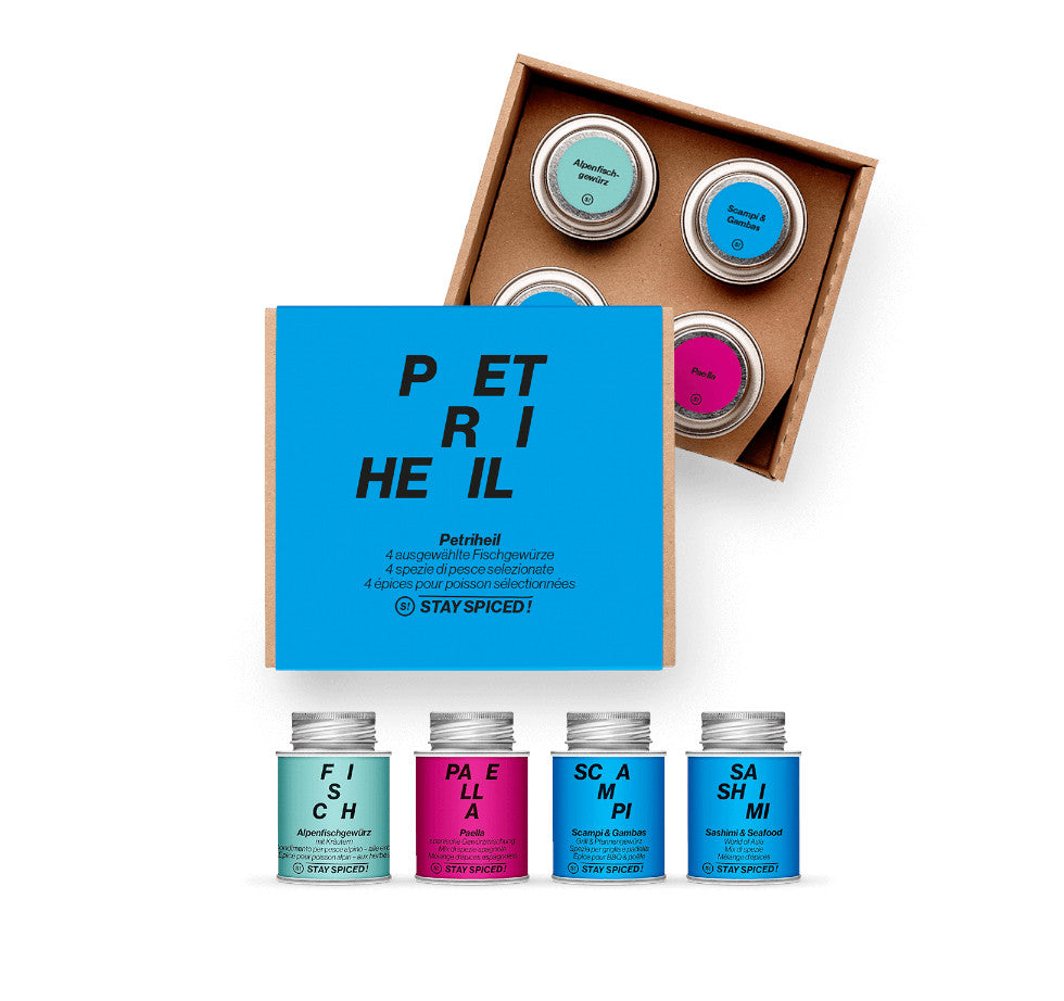 Die edle Petri Heil Geschenkbox von STAY SPICED ! präsentiert vier ausgewählte Spezialitäten für Fisch und Meeresfrüchte