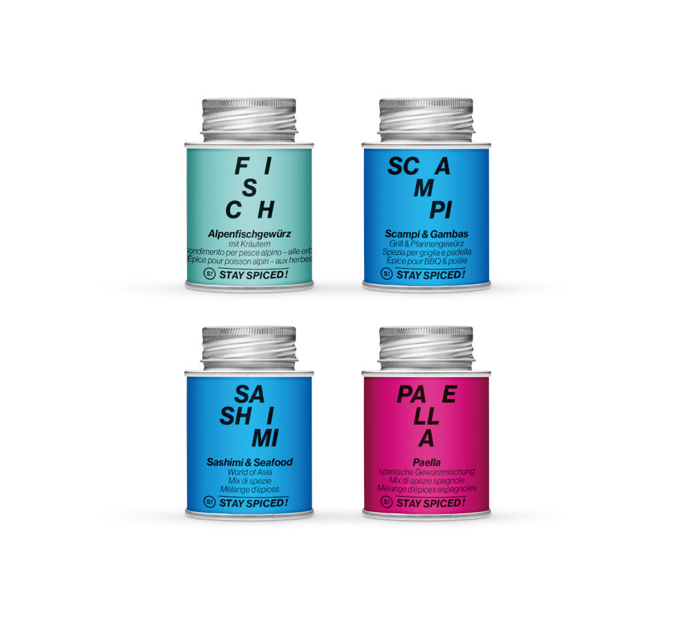 Geöffnete Petri Heil Geschenkset Box mit vier geschmacksintensiven STAY SPICED ! Fischgewürzen