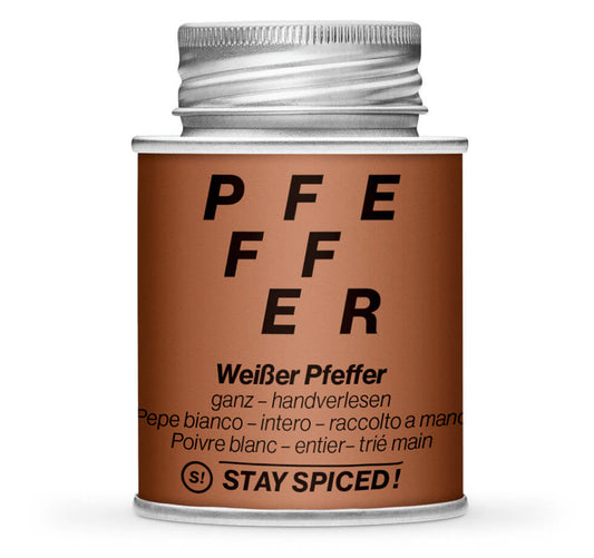 Weisser Pfeffer ganz handverlesen - Geschlossene Hellbraun Gewürzdose von STAY SPICED !