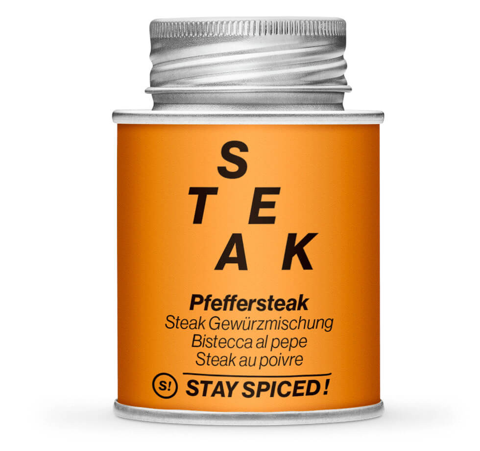 Pfeffersteak - Grill & Fleischgewürz - Geschlossene orange Gewürzdose von STAY SPICED