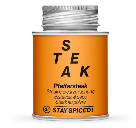 Pfeffersteak - Grill & Fleischgewürz - Geschlossene orange Gewürzdose von STAY SPICED