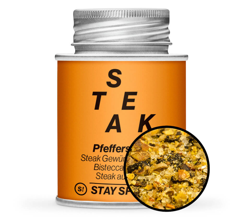 Pfeffersteak - Grill & Fleischgewürz - Orange Gewürzdose mit kleiner runder Gewürz-Vorschau von STAY SPICED ! bei Chefkoch-Gewürze