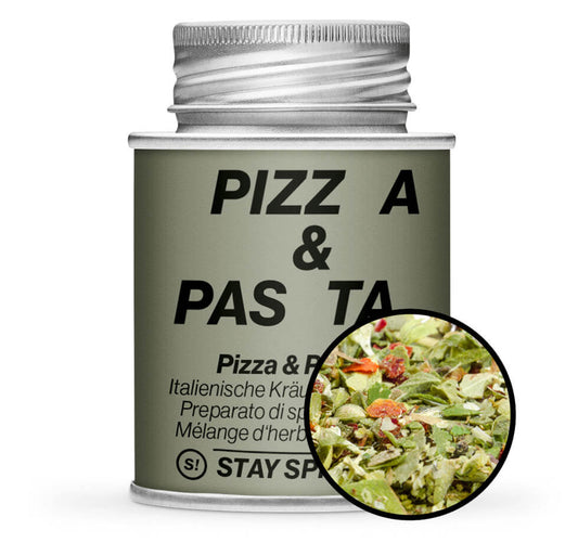 Pizza & Pasta Kräuter - Hellgrüne Gewürzdose mit kleiner runder Gewürz-Vorschau von STAY SPICED! bei Chefkoch-Gewürze