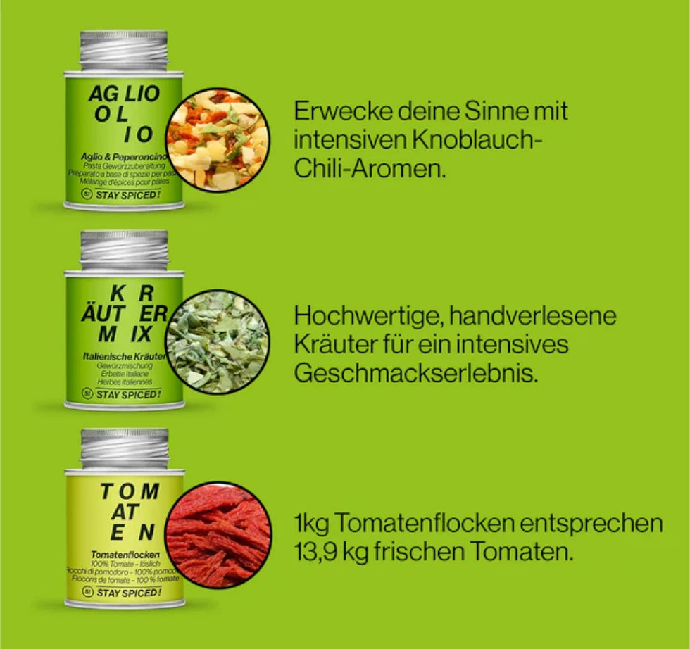 Die STAY SPICED ! Gewürzdosen Aglio Olio Peperoncino, Kräuter Mix und Tomatenflocken aus dem Pizza und Pasta Vorteilsset im Detail