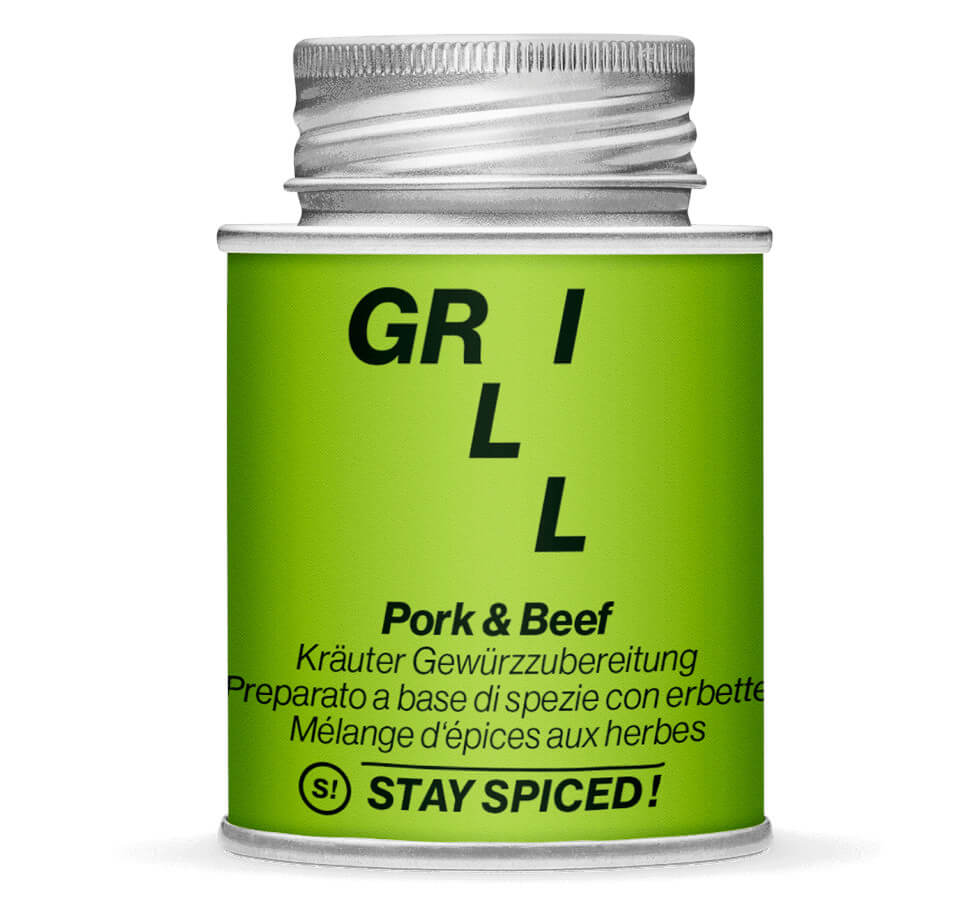 Pork & Beef Kräuter Gewürzzubereitung - Geschlossene hellgrüne Gewürzdose von STAY SPICED