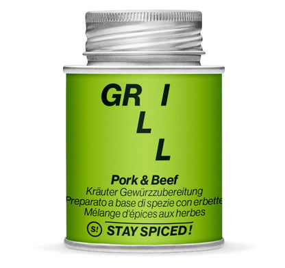Pork & Beef Kräuter Gewürzzubereitung - Geschlossene hellgrüne Gewürzdose von STAY SPICED