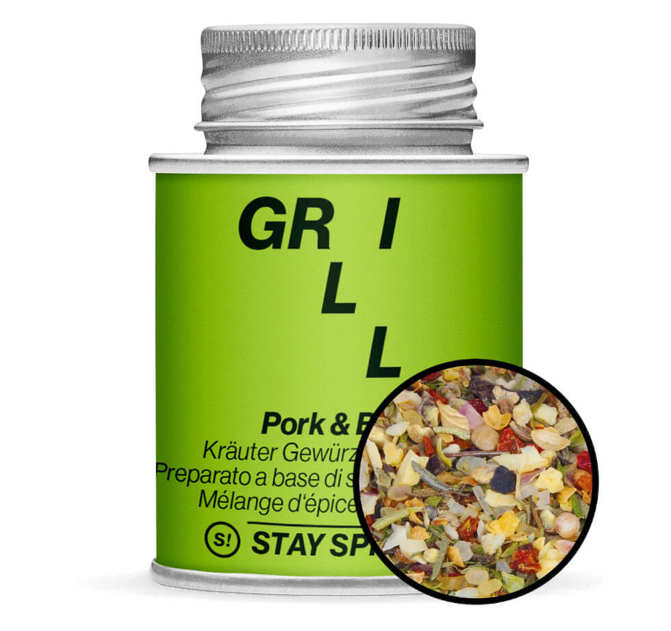 Pork & Beef Kräuter Gewürzzubereitung - Hellgrüne Gewürzdose mit kleiner runder Gewürz-Vorschau von STAY SPICED ! bei Chefkoch-Gewürze