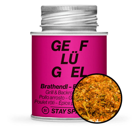 Poulet & Brathendl Gewürz - Pinke Gewürzdose mit kleiner runder Gewürz-Vorschau von STAY SPICED ! bei Chefkoch-Gewürze