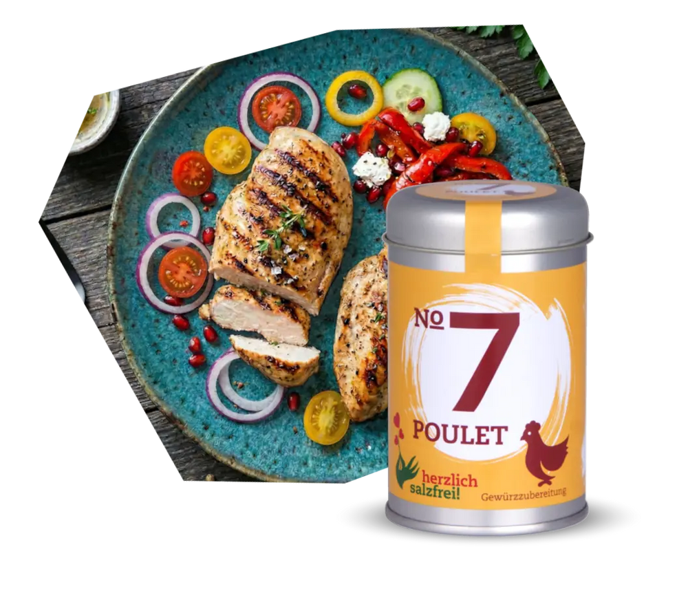 Saftig gegrilltes Poulet mit frischem Gemüse verfeinert mit der herzlich salzfrei No. 7 Poulet Gewürzmischung ohne Salz online kaufen bei chefkoch-gewürze Schweiz