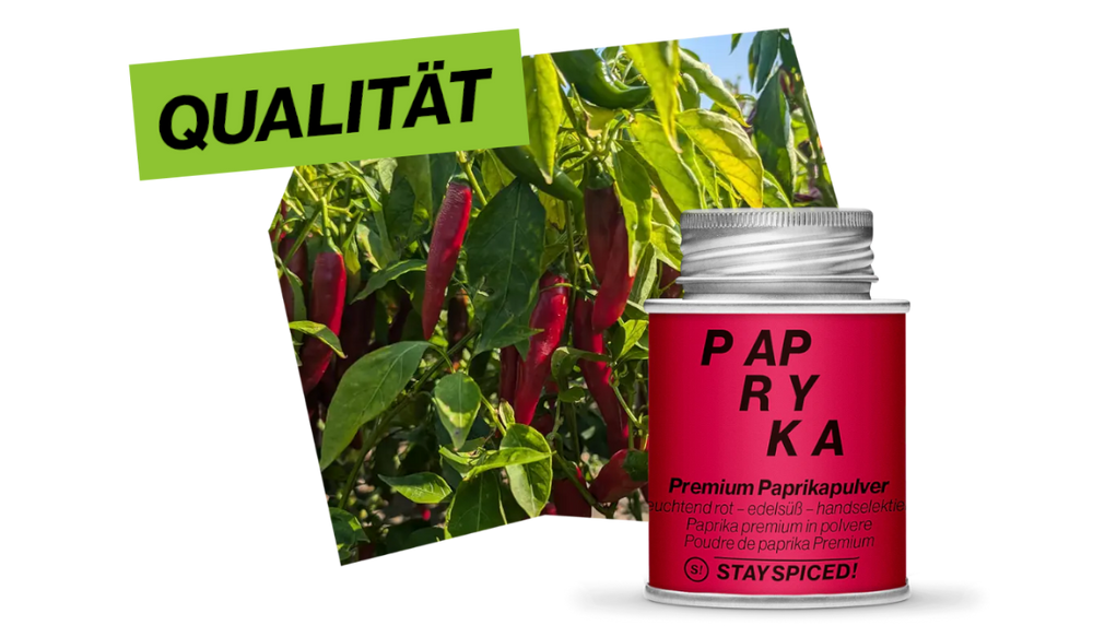 Eine rote Gastro-Dose mit Premium-Paprikapulver, platziert vor frischen Paprikapflanzen als Zeichen höchster Rohstoff-Qualität