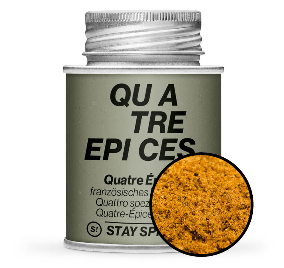 Quatre Epices Viergewürz - Graue Gewürzdose mit kleiner runder Gewürz-Vorschau von STAY SPICED! bei Chefkoch-Gewürze
