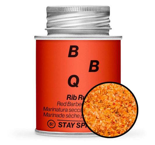 Rib Rub - Red Barbecue Rub - Rote Gewürzdose mit kleiner runder Gewürz-Vorschau von STAY SPICED ! bei Chefkoch-Gewürze