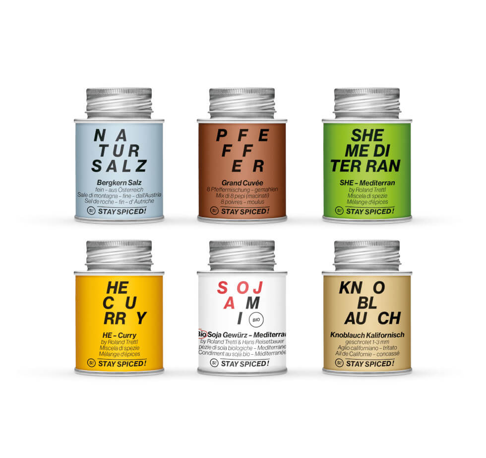 Übersicht der sechs ausgewählten STAY SPICED ! Spezialitäten im Roland Trettl Starter Set
