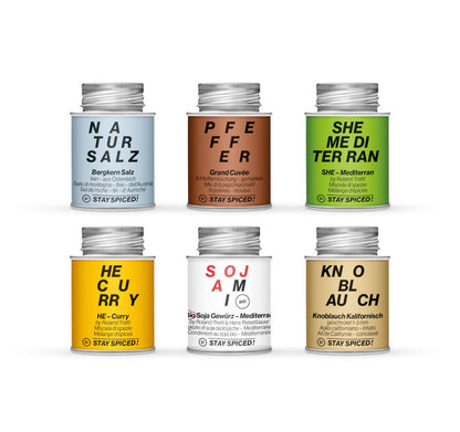 Übersicht der sechs ausgewählten STAY SPICED ! Spezialitäten im Roland Trettl Starter Set