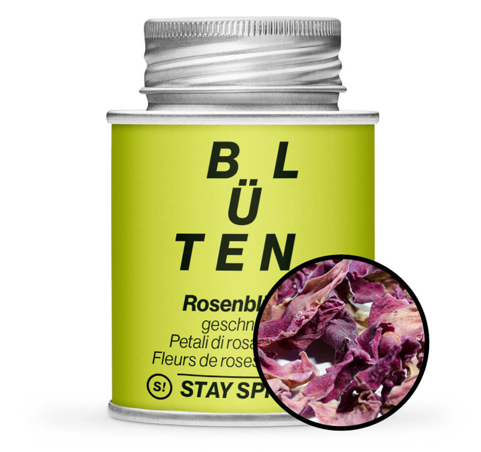 Rosenblüten geschnitten - Hellgrüne Gewürzdose mit kleiner runder Gewürz-Vorschau von STAY SPICED ! bei Chefkoch-Gewürze