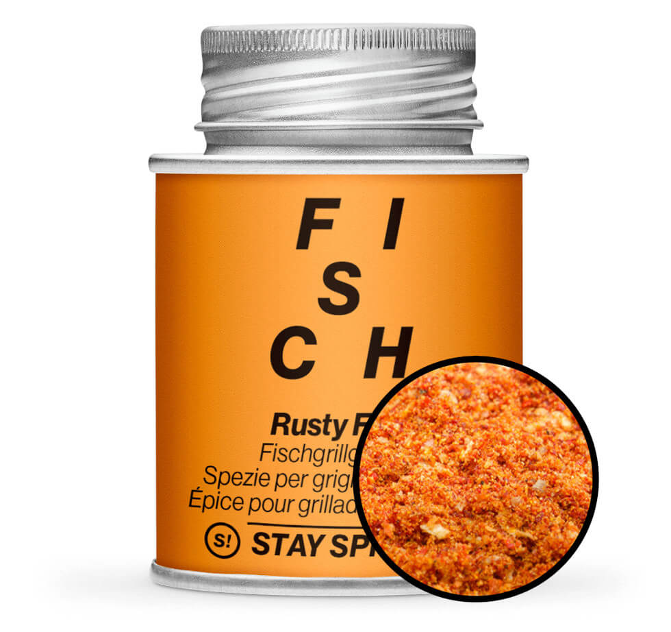 Rusty Fish Grillgewürz - Orange Gewürzdose mit kleiner runder Gewürz-Vorschau von STAY SPICED! bei Chefkoch-Gewürze