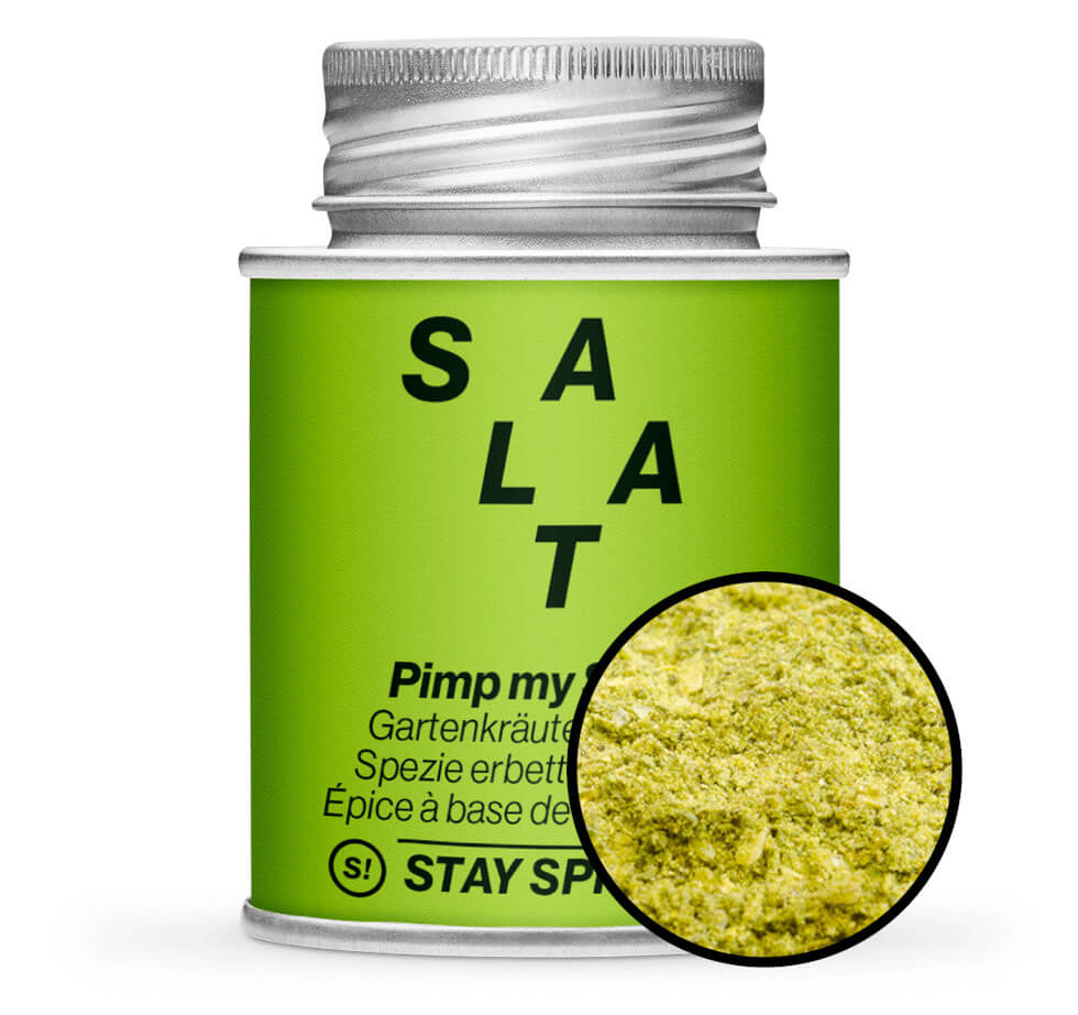 Salat Gartenkräuter Mix fein - Hellgrüne Gewürzdose mit kleiner runder Gewürz-Vorschau von STAY SPICED! bei Chefkoch-Gewürze