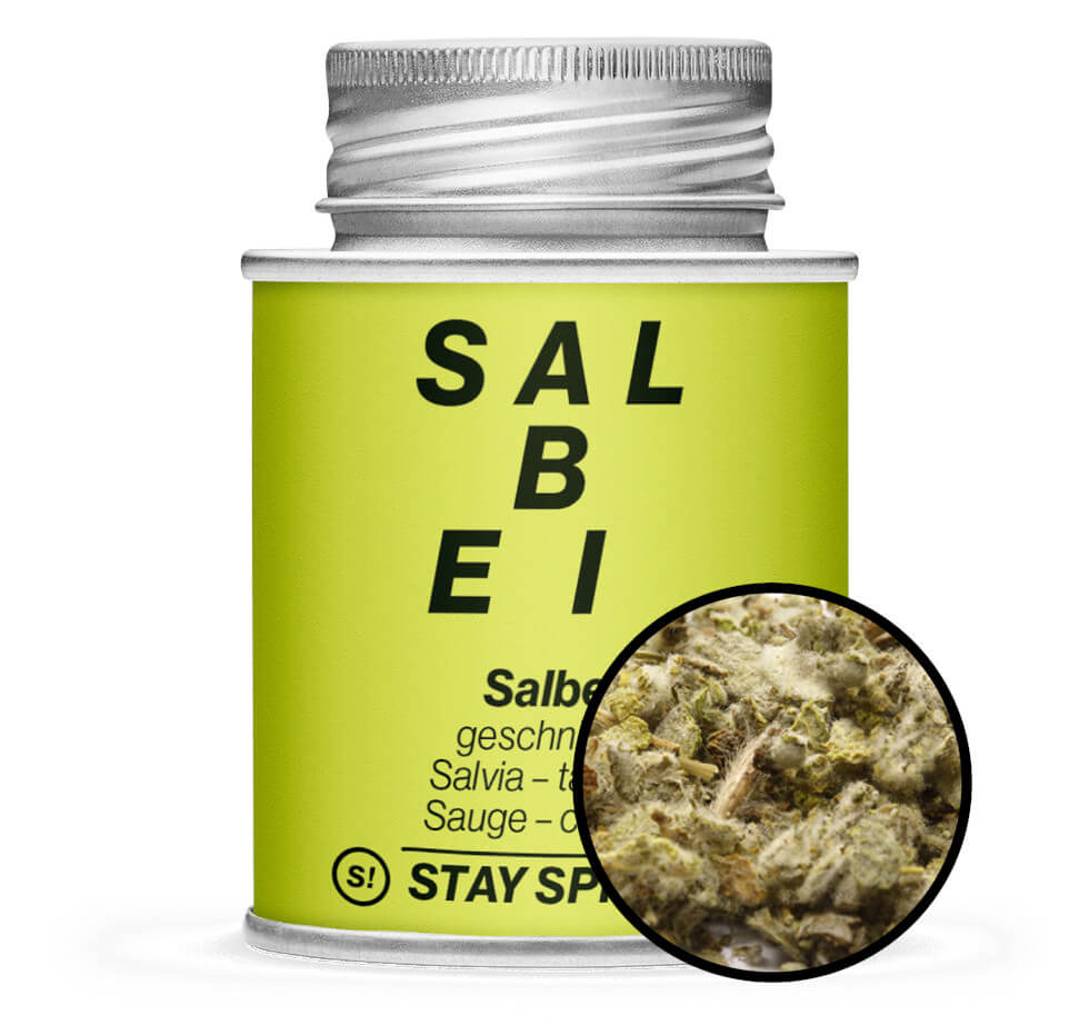Salbei geschnitten - Hellgrün Gewürzdose mit Gewürz-Vorschau von STAY SPICED! bei Chefkoch-Gewürze.