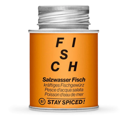 Salzwasser Fisch, kräftiges Fischgewürz - Geschlossene orange Gewürzdose von STAY SPICED!