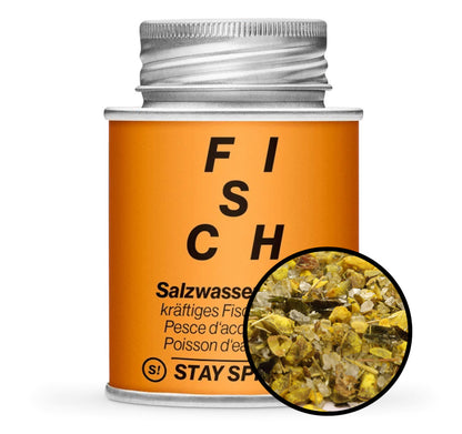 Salzwasser Fisch, kräftiges Fischgewürz - Orange Gewürzdose mit kleiner runder Gewürz-Vorschau von STAY SPICED! bei Chefkoch-Gewürze